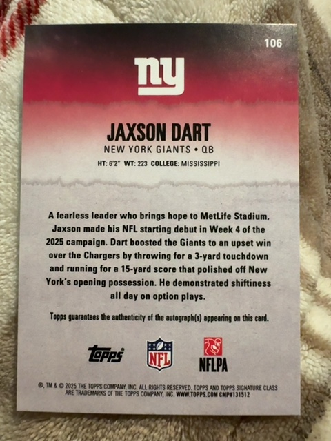 2025 Topps Signature Class Jaxson Dart Silver Auto /275 — back