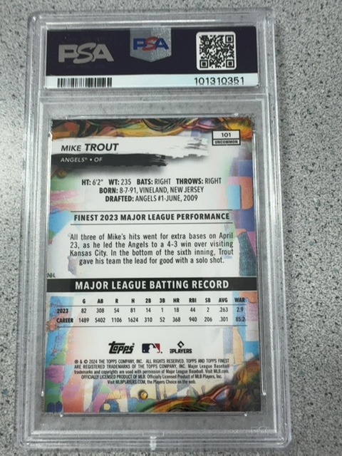 2023 Topps Finest Mike Trout Oil Spill Refractor PSA 10 — back