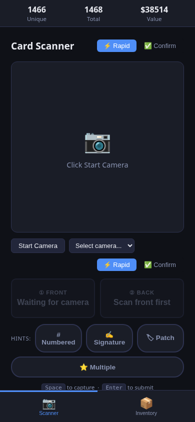 Card Vault scanner app running on iPhone — camera viewport, hint buttons, processing queue